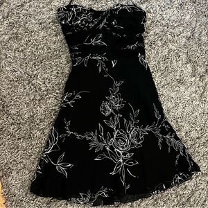 White House Black Market Strapless Black Dress with Floral Design